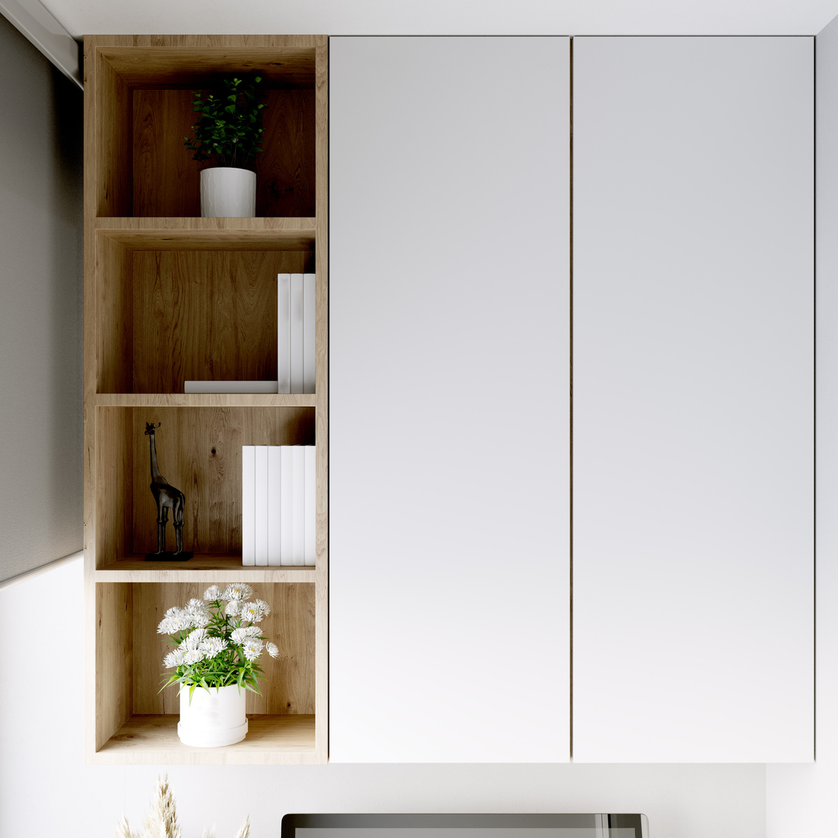 White Bookcase with Books and Flowerpots