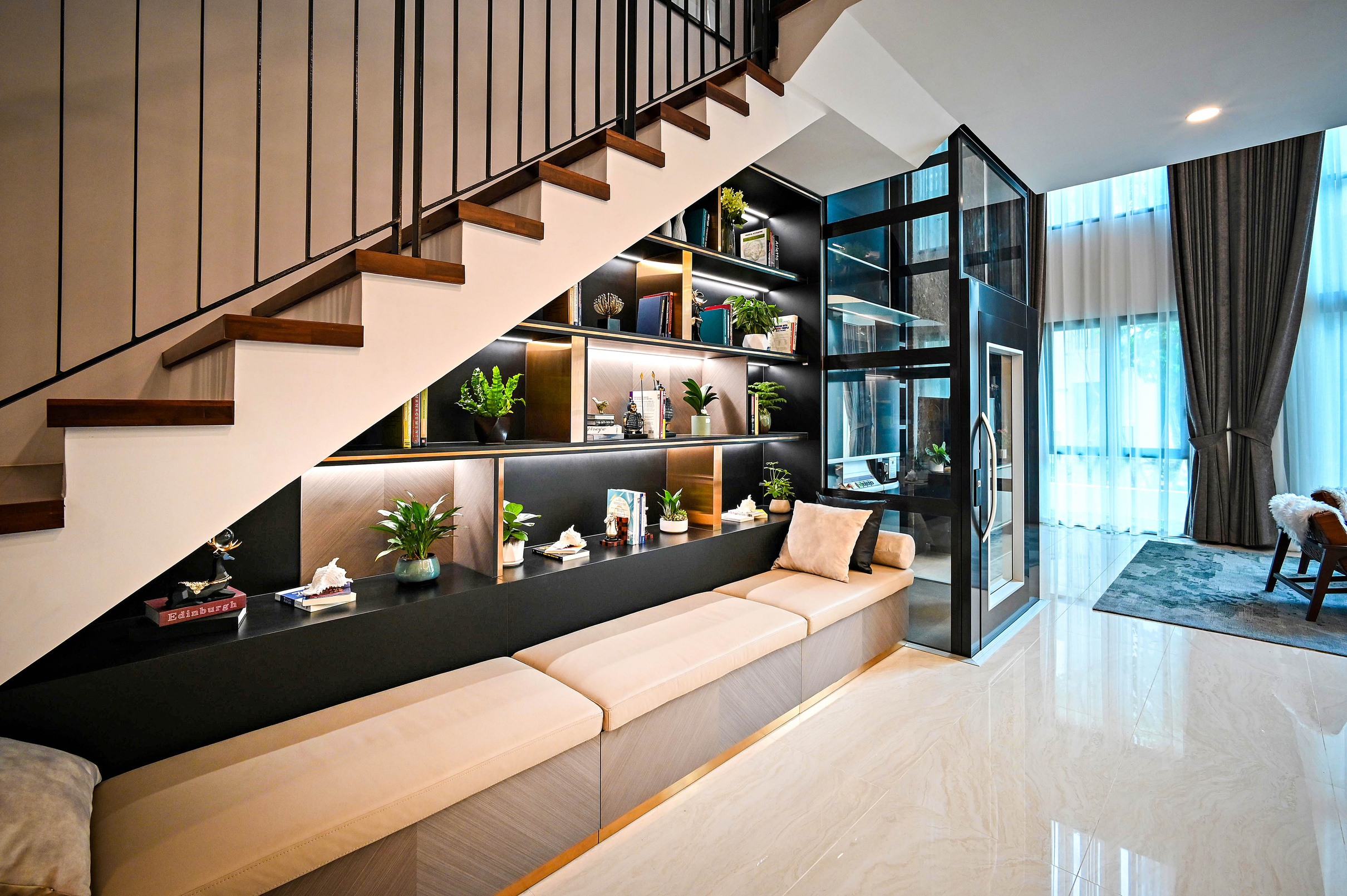 Seat and Shelves Under the Stairs